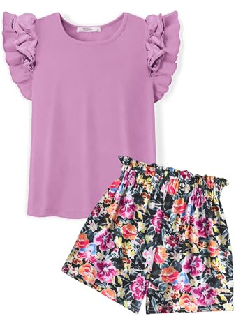 Arshiner Set di Abbigliamento per Ragazze in Cotone Viola Vestito Estivo Maniche Volant Girocollo T-Shirt Pantaloncini Set Due Pezzi per Il Tempo Libero per Bambini con Tasca 8-9 Anni