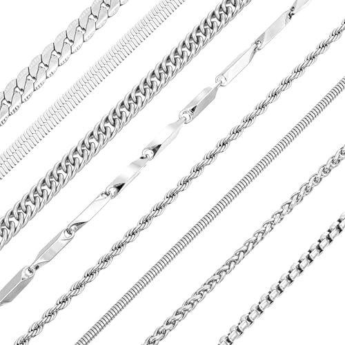 DIVINA VITAE Set di 8 collane da uomo in argento e acciaio inox, 55 cm, per donne e ragazze, catena a maglia cubana, diverse dimensioni, acciaio inossidabile