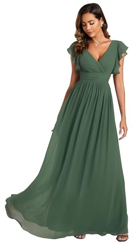 Ever-Pretty Women's Long Bridesmaid Wedding Guest Dress Elegant Chiffon A-Line Ruffles Sleeve Eucalyptus Green 16UK