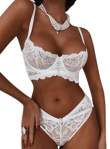 PARUPRUP Femme Sexy 2 Pièces Ensemble Babydoll Lingerie Dentelle Florale Nuisette Push Up Soutien Gorge à Armatures et Transparent Culotte Bretelles Réglables Col en V sous-Vêtements (Blanc, M)