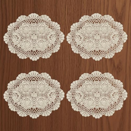 4Pcs Handmade Cotton Crochet Doilies 12x18, Oval Boho Lace Table Placemats Vintage Furniture Cloth Cover Room Decor, Floral Dollies for Tables Dresser Nightstand, Beige