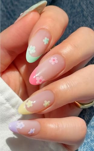 JMEOWIO Autocollants pour ongles en gel semi-durci, motif fleur colorée, pointe française, bandelettes pour ongles UV/LED, accessoires de décoration pour ongles