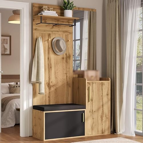 Solisburne Garde-robe compacte avec miroir et banc, armoire à chaussures et crochets, ensemble de meubles de couloir modernes aspect bois, peu encombrant, pour couloir et couloir