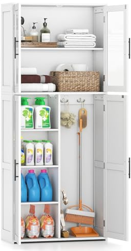 COSTWAY Armadio da Bagno con Spazio di Stoccaggio, Organizzatore in Legno con Ante, Ripiani e Ganci, 168 cm Armadio Indipendente per Strumenti di Pulizia per Casa e Ufficio, Bianco