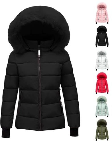 Generisk pufferjacka dam vinter, vinterjacka dam, varm vinterkappa, quiltad kappa, lätt quiltad jacka, övergångsjacka, kort pufferjacka med pälshuva, dunjacka, kappa, vinterjacka, röd