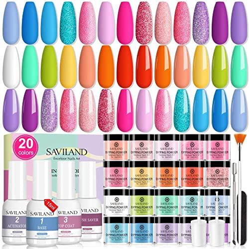 Saviland Smalto in Polvere ad Immersione per Unghie: 20 Colori Smalto in Polvere, Dip powder Nails kit, Set di Liquidi per Immersione Ricostruzione Unghie Nails Kit Regalo per Donne