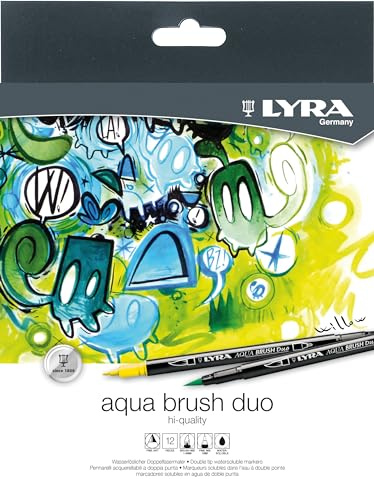 LYRA Aqua Brush Duo, Fine Art Brush Marker Set, Dual Tip, 12 blandade färger, vattenlösliga pennor, perfekt för proffs och studenter