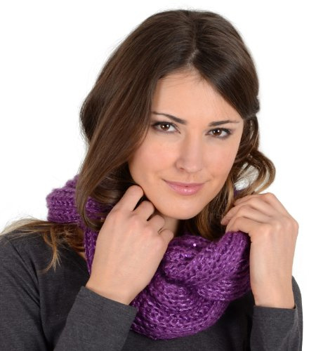 Autumn Faith Ladies Knitted Snood With Sequins Wrap Scarf Neck Winter Accessory New - Purple