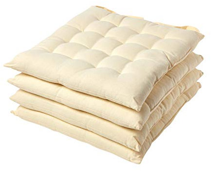 HOMESCAPES Cream/Yellow Seat Pads for Dining Chair, Set of 4 100% Cotton Chair Pads with Straps, 40x40 cm