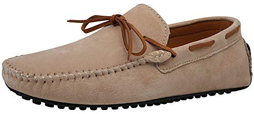 Jamron Män mocka läder handgjorda mockasiner bekväma mattor tofflor halkfria båtskor vardagliga loafer platta, Khaki, 40.5 EU