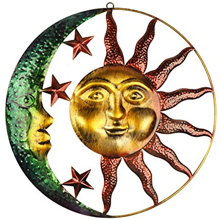 Fangoo Large Metal Sun and Moon Wall Art Decor Outdoor 3D Wall Hanging Decor Artistic Sun and Moon with Star Wall Sculpture for Home Garden Patio Porch Fence Decoration(40CM)