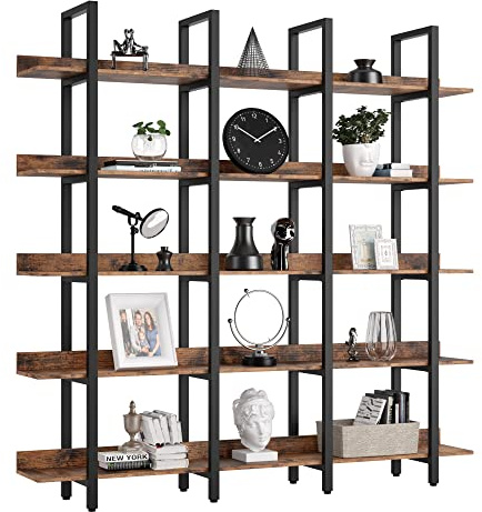 IRONCK Bookcase and Bookshelves Triple Wide 5 Tiers Large Open Shelves, Etagere Book Shelf with Back Fence for Home Office Decor, Easy Assembly, Vintage Brown