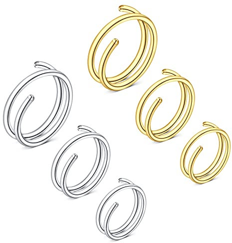 LAURITAMI 6stk Doppelter Nasenring Piercing Spirale Ring Dünn 0.8mm 6/8/10mm Nasenpiercing Nostril Hoop Lippe Ohrringe