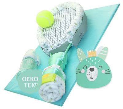 Windeltorte ® Tennis [SPORTSKANONE] - Jungen & Mädchen - Neutral Unisex - Geschenk zur Geburt - Babyparty - Baby - Babyshower - Pullerparty - Babyartikel - Babyartikel - Lätzchen - Spucktuch