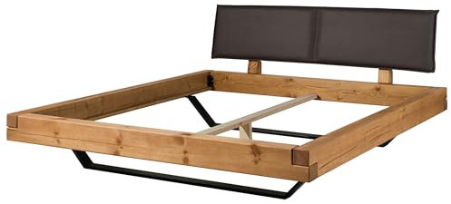 MASSIVMOEBEL24.DE Fichtelberg Balkenbett aus Massivholz | Fichte - Natur, gebeizt/geölt | 160x200 | Kopfteil gepolstert, schwebendes Design | rustikales Doppelbett, Massivholz-Bett