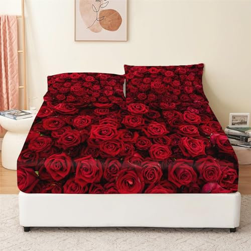 Valentinstag Thema Spannbettlaken 180x200 cm, Romantisches Rotes Rosenmuster Leicht Weich Atmungsaktiv Mikrofaser Spannbettlaken Tiefe Tasche 30 cm für Boxspringbetten, Spannbetttuch für Paare