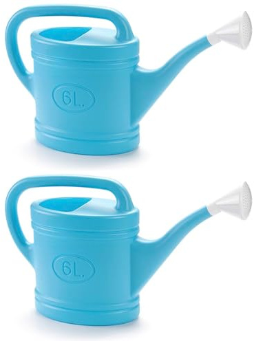 Tradineur Lot de 2 arrosoirs en plastique, capacité 6 litres, ustensiles de jardinage, arrosage, maison, balcon, terrasse, patio, bleu