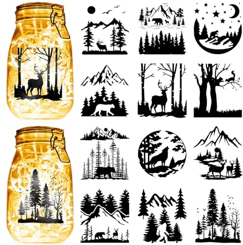 CREATCABIN 12 pz. Foresta Montagne Sagome Barattolo di Vetro Decor Animali Taglio Laser Cartone Scrapbook Ritagli Fustellati PVC per Artigianato Lanterna Barattoli Pittura Murale Finestre Vetro 10x9cm