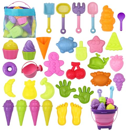 AYSOW Lot de 40 jouets de sable de plage pour enfants à partir de 1 an avec seau et bac à sable, moules et jouets extérieurs pour garçons et filles