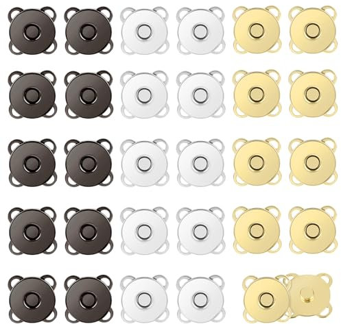 Molain 30 Paare Magnetverschluss Tasche, 14mm Metall Magnetknöpfe Druckknöpfe zum Annähen Magnetische Knopf Pflaumenförmiger Magnetverschluss Schwarz Silber Gold für Geldbörsen Handtaschen