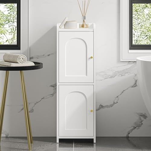 Hzuaneri Bathroom Storage Cabinet, Small Corner Floor Cabinet with 2 Doors and Adjustable Shelf, Narrow Toilet Paper Cabinets, Bathroom Organizer for Small Spaces, 7.9 D x 9.8 W x 29.5 H White