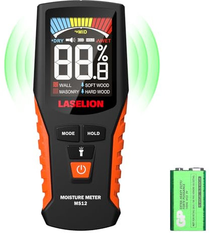 Medidor de Humedad sin Pin, LASELION Medidor de Humedad de Madera con Batería y Pantalla LCD, 4 Modos de Construcción de Muros de Leña