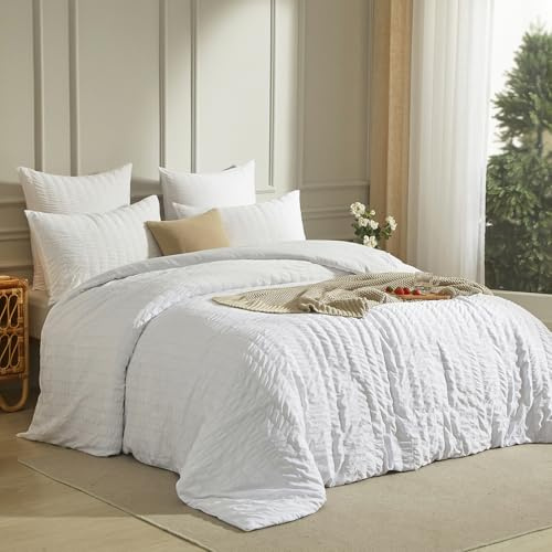 Luofanfei Housse de Couette 220x240 Blanc Seersucker Unie Parure de Lit 2 Personnes Adulte Linge de Lit en Microfibre Uni Parure Housse Couette zippée avec 2 Taies d'oreiller 65x65