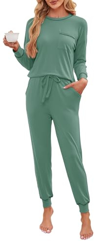 Namatime Pigiama da donna lungo in cotone, set completo di biancheria da notte, maglietta a maniche lunghe e pantaloni con tasche, verde, L