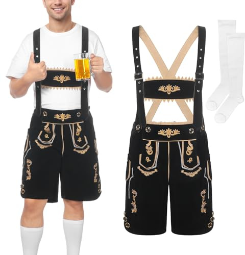 SERTAS Pantaloni corti da uomo in pelle con spalline, pantaloni da uomo tradizionali bavaresi per Oktoberfest, Nero , S