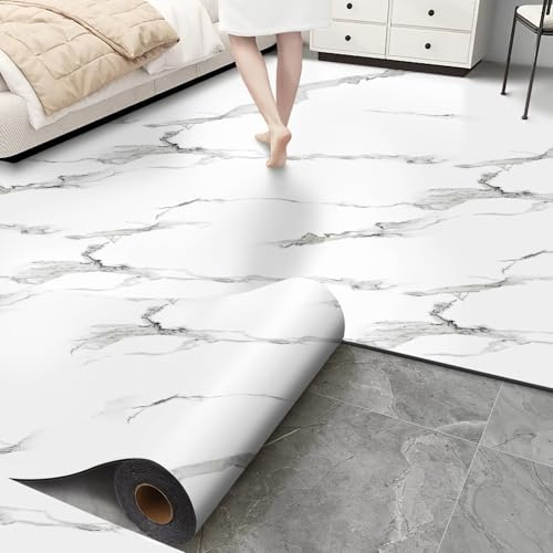 Luxury Thicken Matte Grey White Marble Peel and Stick Floor Tiles Self-Adhesive Vinyl Flooring Roll-DIY Easy for Wall and Floor,Hard Surface/Waterproof/Anti Slip (Not Real Marble, 17.72 W x 118 L)