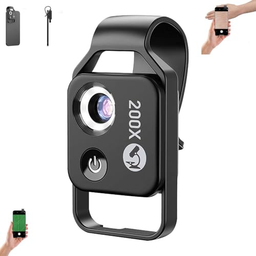 Nano Zoom 200x per iPhone, microscopio tascabile 200x, mini microscopio tascabile 200x con polarizzatore, obiettivo M-icroscopio per telefono, lente a clip, rivestimento multistrato, luce di