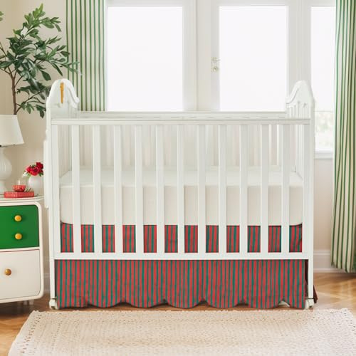 Brandream Scallop Edge Cotton Crib Skirt Toddler Bedskirt Boho Farmhouse Baby Nursery Bedding Neutral Solid Color with Red Green Stripes Christmas Holiday Chic