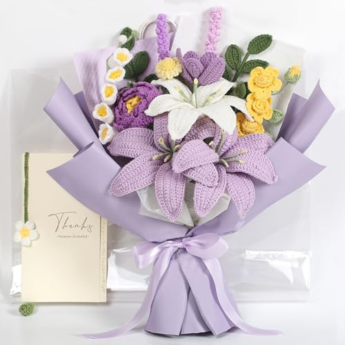 Crochet Flower Bouquet Premium Edition, Handmade Knitted Faux Crochet Flowers for Home Decor Valentine’s Day Anniversary Weddings Birthdays Mother’s Day, Includes Gift Bag and Greeting Card (Lily)