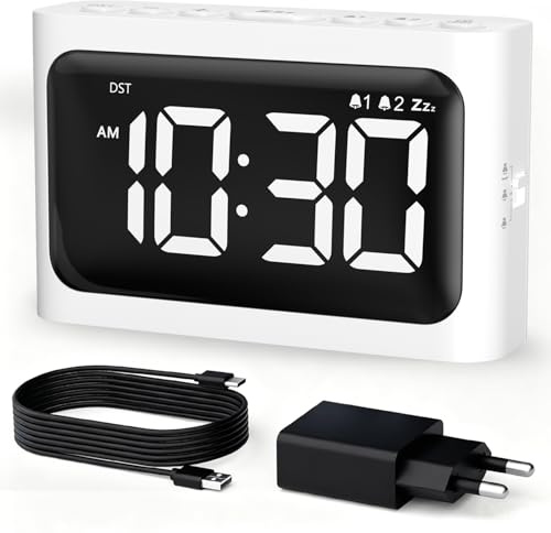 Budsom Sveglia digitale per camera da letto - grande display LED da 4,8 pollici, due sveglie, 100% dimmer, ora legale, backup della batteria, semplice orologio da tavolo per comodino, soggiorno