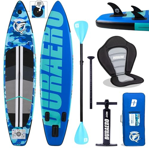 Planche de stand up paddle gonflable, support pour appareil photo, 330 x 76 x 15 cm, jusqu'à 150 kg, pompe à dragonne, sac à dos (motif de camouflage bleu, 330 x 76 x 15 cm)