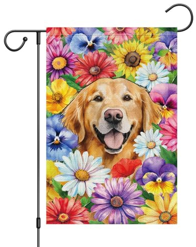 Bienvenidos A La Primavera, Perro Golden Retriever, Margarita, Pensamiento, Flor Bandera Decorativas Pancarta Colores Vívidos Flag Para Patio Exterior Callejeras 30X45Cm