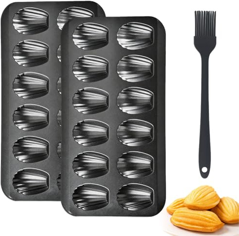 FARYODI Stampo da forno Madeleine, 12 pozzi, in acciaio al carbonio antiaderente, con pennello ad olio in silicone, per madeleine, biscotti, cioccolato, caramelle
