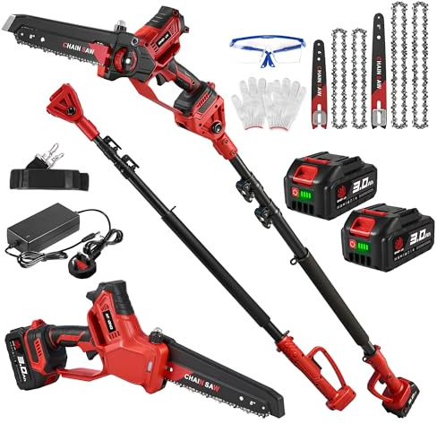 4 in 1 Cordless Pole Saw - 6 In & 8 In Electric Chainsaw, 8.2ft Brushless Telescopic Tree Pruner, 180° Adjustable Head, Max Cutting Diameter 7.9IN, 2*3.0Ah Battery, for Garden High & Low Tree Trimming