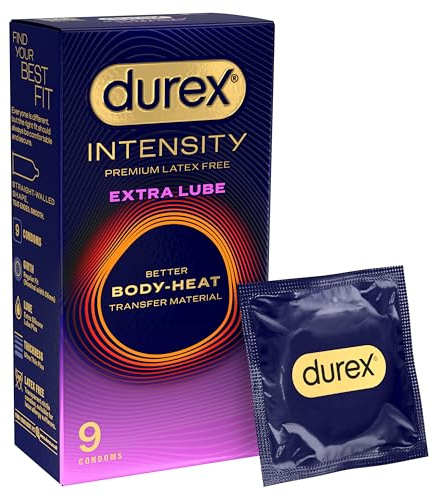 Durex Intensity, 9 Condoms, Better Body Heat Transfer, Ultra Thin | Latex Free, Ultra Thin Plus, Transparent, Moulds to Your Shape, Pre Lubricated with Silicone Lube, Body Heat Transfer