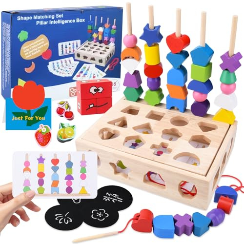 TEGOVE Juguetes de Madera Montessori para Niños 2 3 4 Años,4 en 1 Montessori Juegos Apilables Apilar y Enhebrar de Madera,para Motricidad Fina + Regalo Niña Niño 2-5 Años
