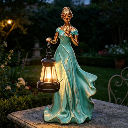 Fairy Garden Outdoor Figurines Lights, Leaf Angel Girls Statues with Solar Lantern and Bird Rustic Home Decor Outside Patio Balcony Yard Art Lawn Ornaments Housewarming Gifts for Women Mom Grandma
