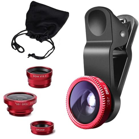 Ligero y compacto 3 en 1 Clip-On adaptador de cámara/lente Set para smartphones – Objetivo ojo de pez (180 ° Fisheye Lente) + amplio (0,65 x Wide) + lente macro (10 x) (Rojo)