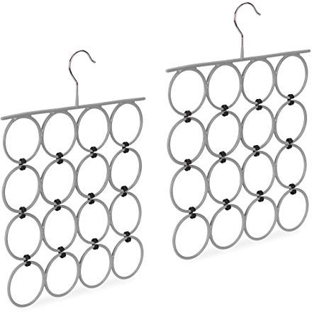 Relaxdays 2 x Schalhalter, Faltbarer Schalbügel für Tücher, 16 Ringe, platzsparender Organizer Kleiderschrank, Metall, grau