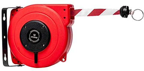 Flexibarrier Rouleau de barrière de sécurité (18 m) - Sangle haute performance (rouge/blanc) - Bande de délimitation rétractable - Support mural avec sangle