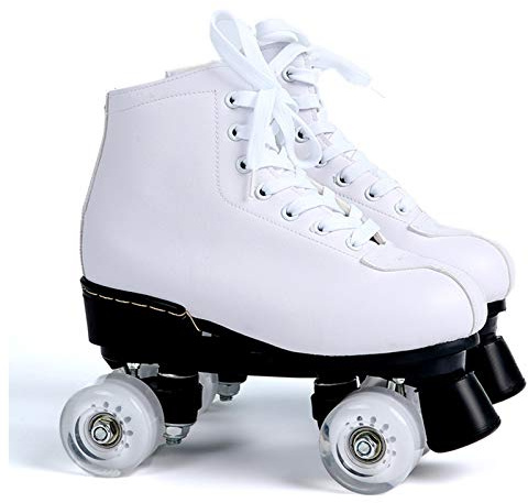 Klzzuk Patines de Ruedas Clásicos Blancos, Unisex, Patines 4 Ruedas, Patines Paralelos, Cuero de PU, para Principiantes en Interiores y Exteriores, Adolescentes, Adultos, Niños, Niñas (EU35/ UK3)