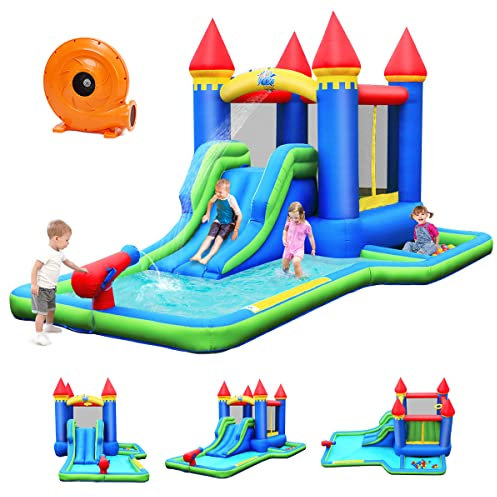 GOPLUS Château Gonflable, Aire de Jeux Aquatique Gonflable avec Zone de Saut,Canons à Eau et Toboggan pour Les Enfants de 3 à 8 Ans,Toboggan Double, Jusqu’à 90KG (Bleu avec souffleur)