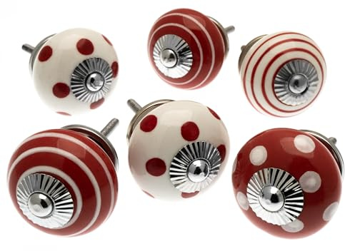 Mango Tree MG-420 Lot de 6 boutons de porte et tiroir en céramique Rouge et blanc