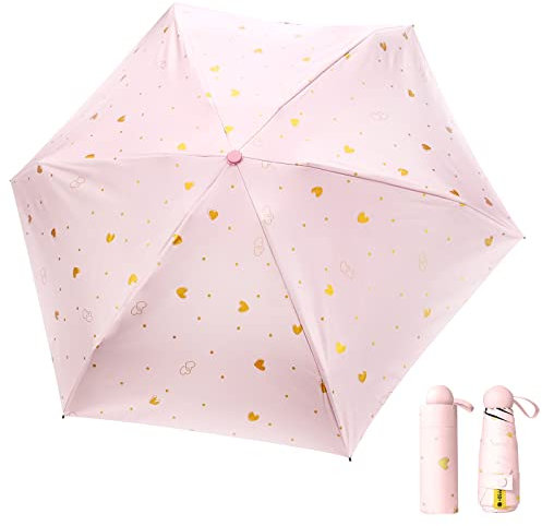 Folding Travel Umbrella Small Mini Compact Umbrella Anti-UV Lightweight and Portable Handbag Umbrellas for Women Men 90 X 50cm (Pink Heart)