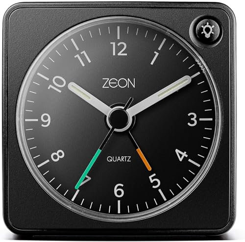 ZEON Travel Analogue Alarm Clock with Light and Snooze Function, Silent Non-Tick Bedside Battery Powered Alarm Clock in Black, CE4549