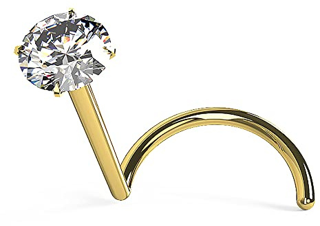 AZARIO LONDON Pendiente redondo de diamante genuino en oro amarillo macizo de 14 quilates para la nariz - Tornillo para la nariz - Pequeño pendiente para la nariz - Anillo fino para la nariz